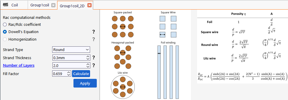 RAC/RDC proximity effect calculation in TRAFOLO for Litz, Stranded, or foil wire setups