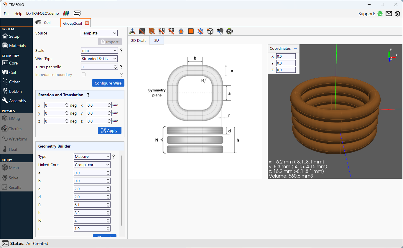 Generating winding geometries using parametric templates