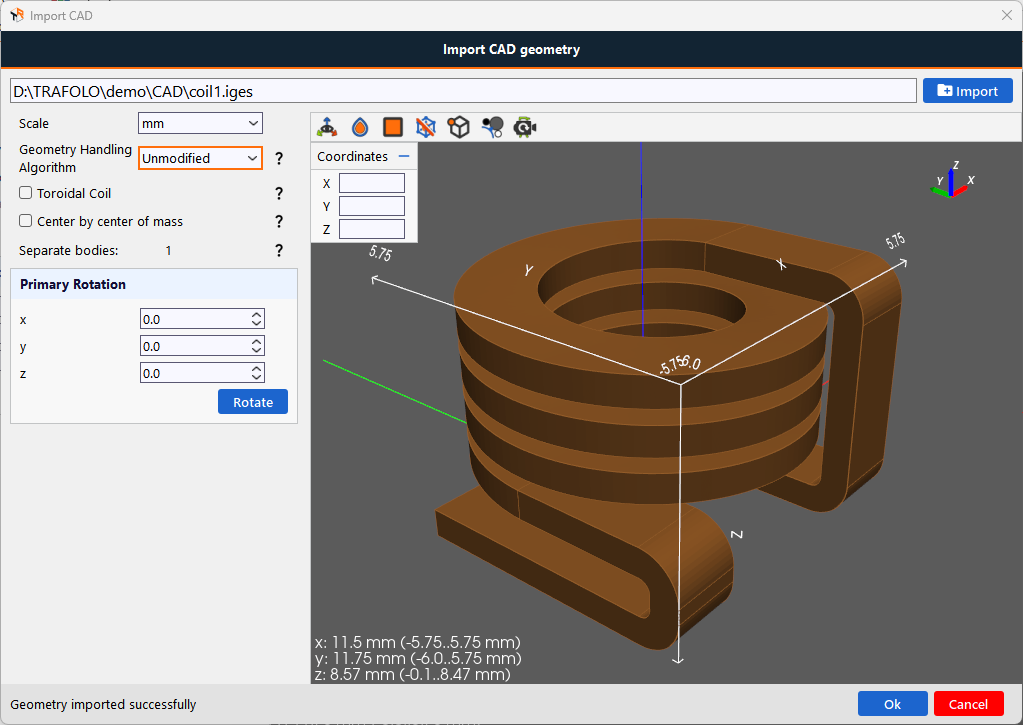 Importing winding geometry into TRAFOLO from external CAD software