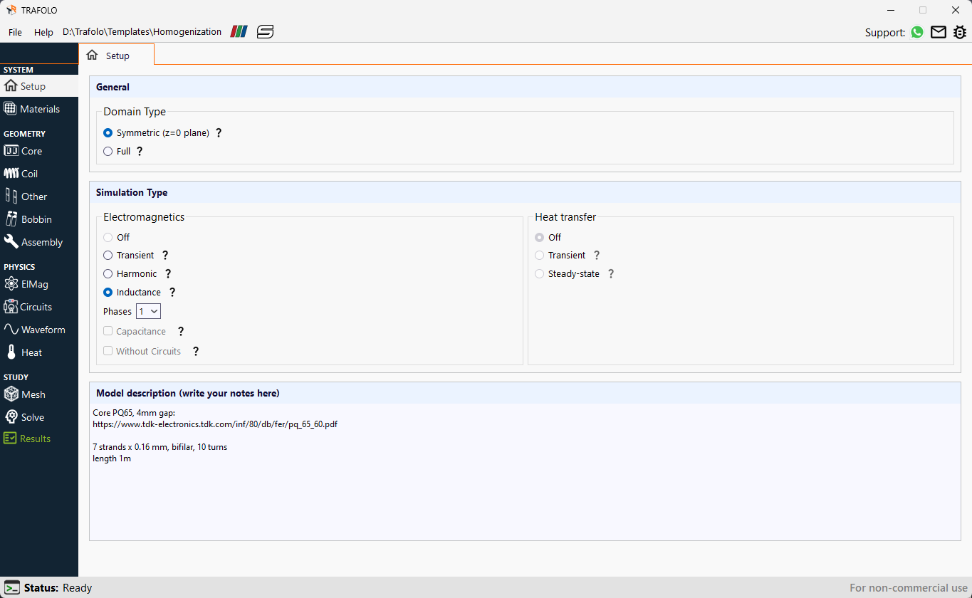 In the simulation setup, Electromagnetics has been set to Inductance. The thermal simulation is disabled automatically.