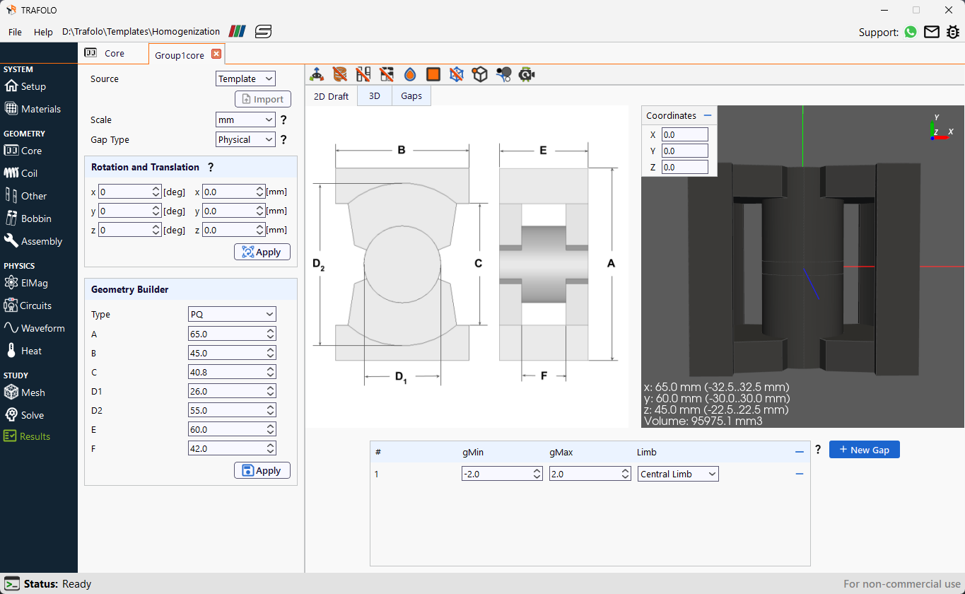 This image shows the configuration settings for creating the core geometry and gap settings, along with a visualization of the 3D model.