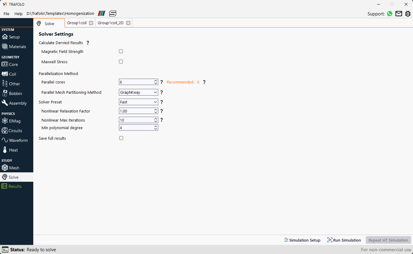 Solver settings to run the simulation for the reactor.