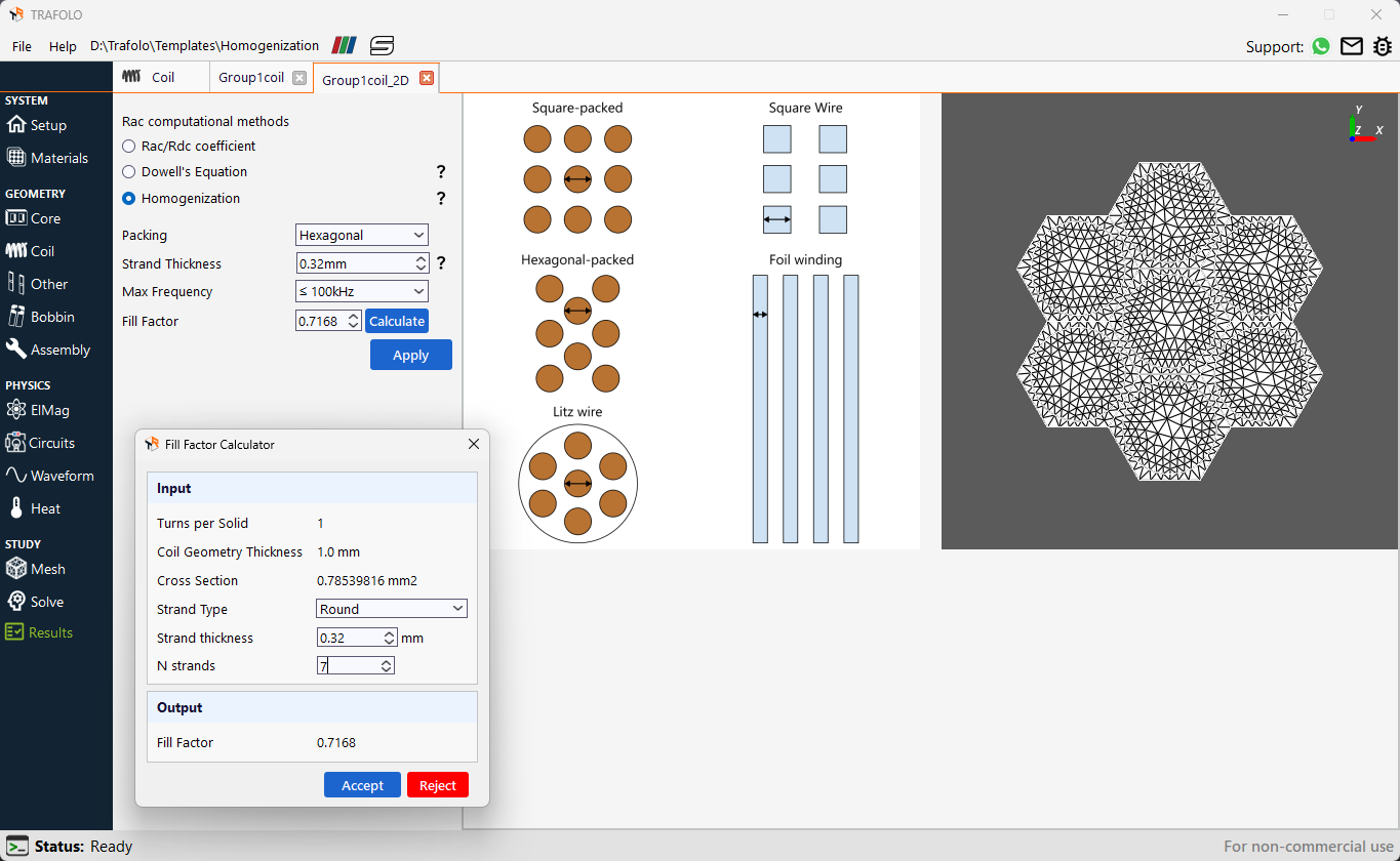 AC resistance (Rac) is computed for litz wire using homogenization techniques with hexagonal packing. A 2D mesh is generated to calculate litz wire parameters, with sufficient refinement up to the specified frequency range. Additionally, the fill factor is calculated for the coil.