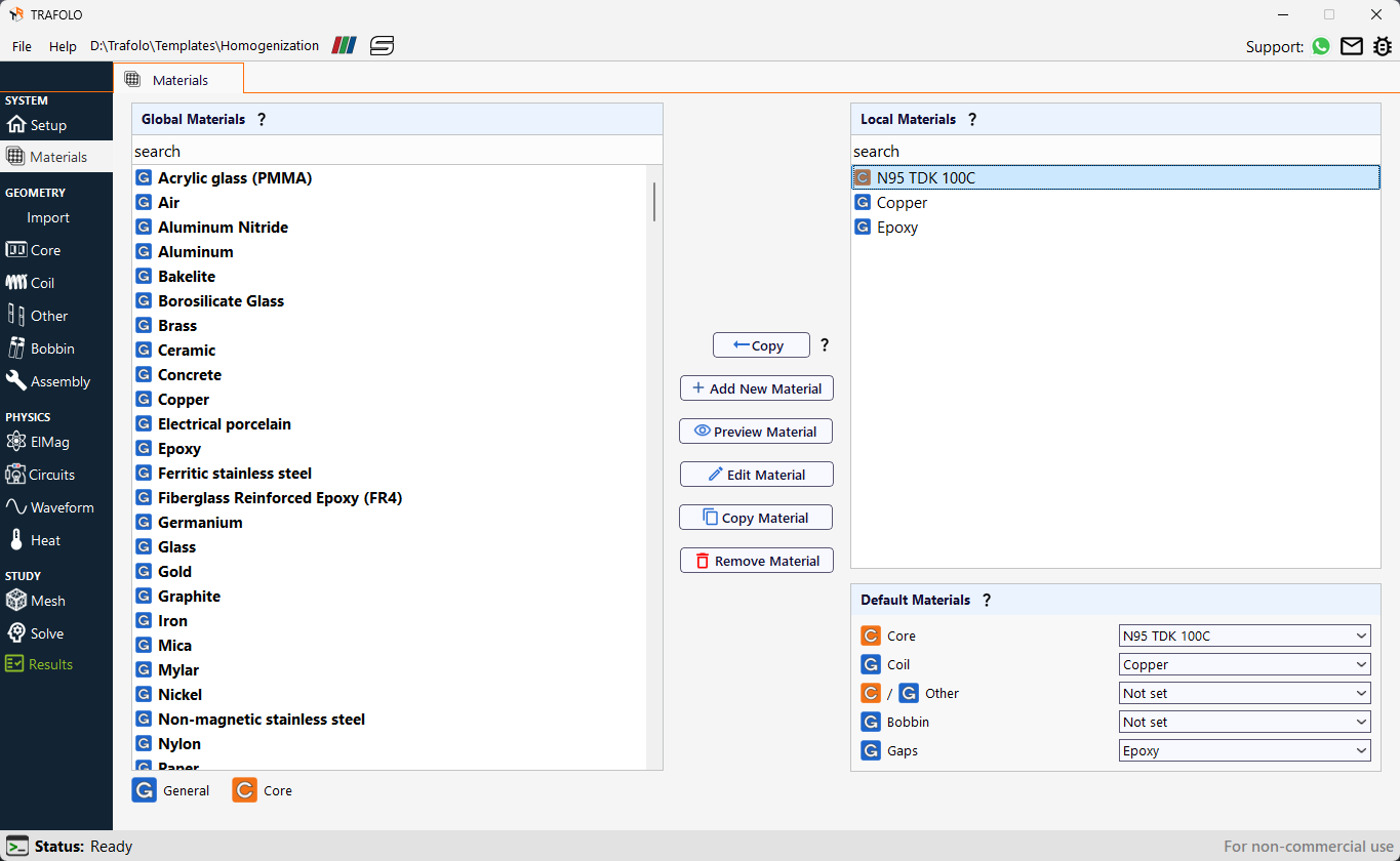 The "Materials" tab for transformer design displays global materials on the left and selected local materials on the right. Users can copy, add, and set default materials for different components.