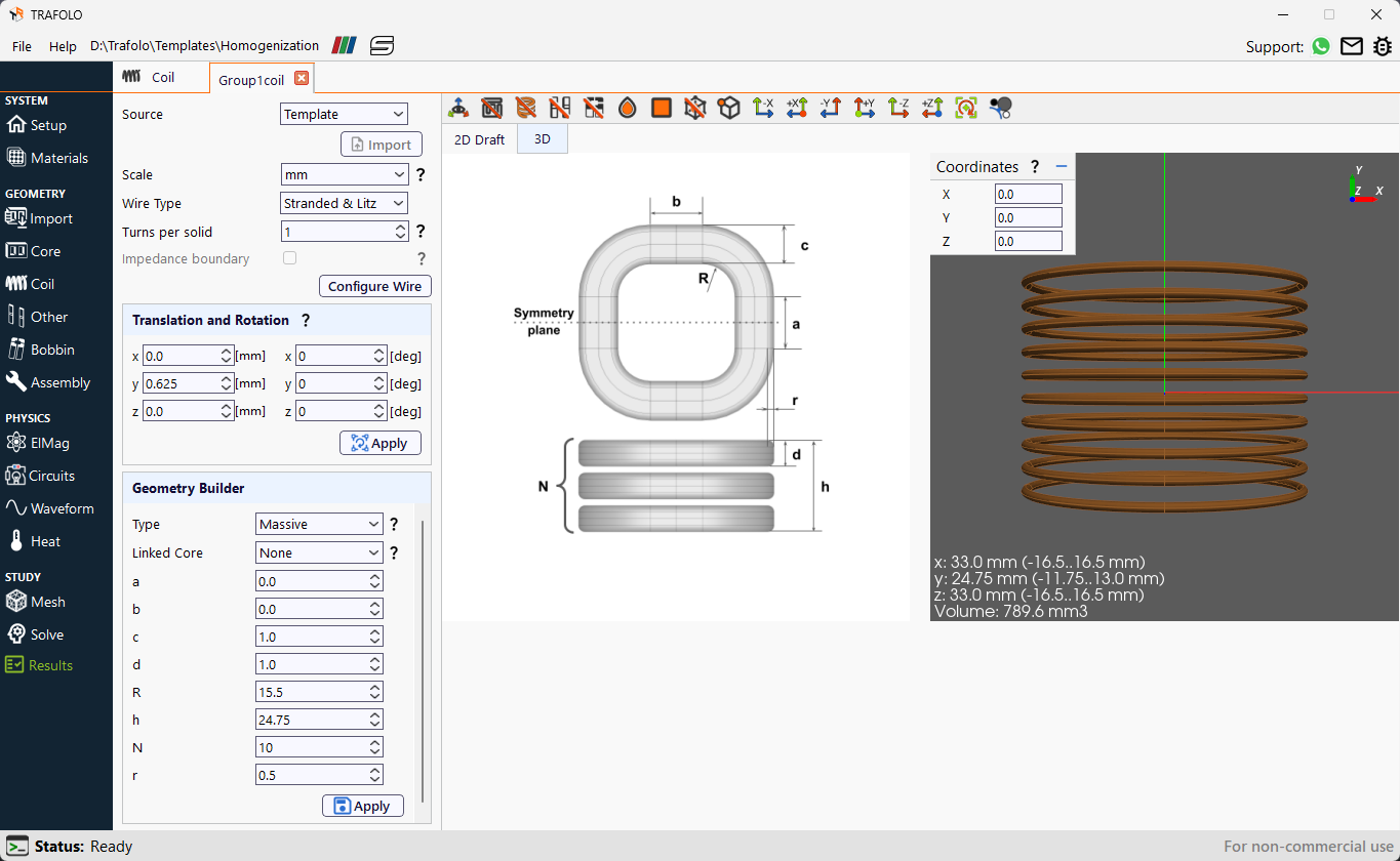This image shows the configuration settings for creating the coil geometry, along with a visualization of the 3D model.